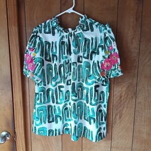 Women’s Green White Pink Abstract Floral Short Sleeve Pullover Top XL